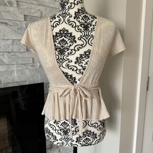 Urban Outfitters Linen Deep V Neck Wraparound Tie Ribbed Ruffle Top Oatmeal M